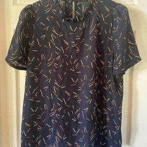 Tahari Navy Short-Sleeve Blouse with Orange and Cream Sprinkles